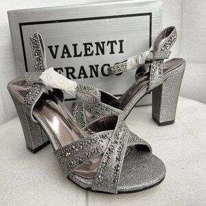 Valenti Franco Strappy Sandal Pewter Glitter Beaded High Heel Shoes Women's 7